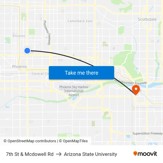 7th St & Mcdowell Rd to Arizona State University map