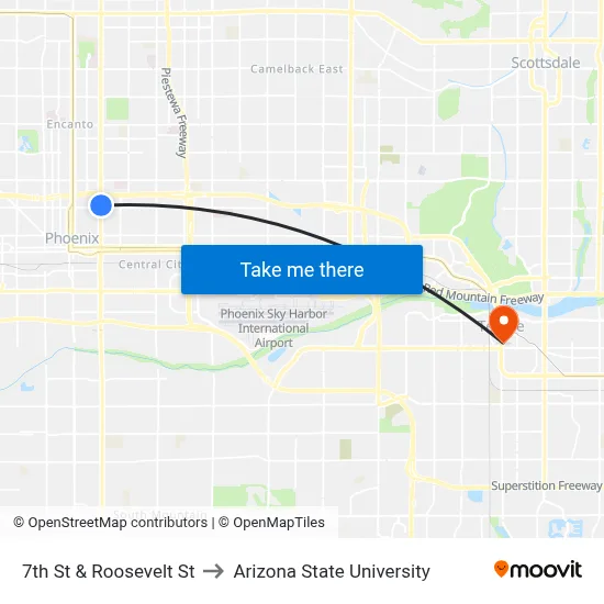 7th St & Roosevelt St to Arizona State University map