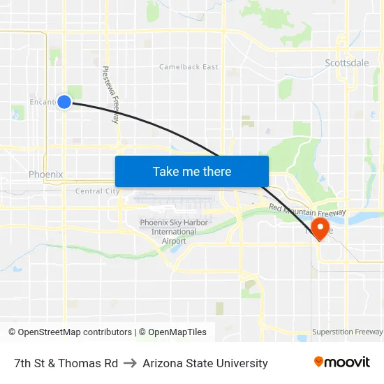 7th St & Thomas Rd to Arizona State University map