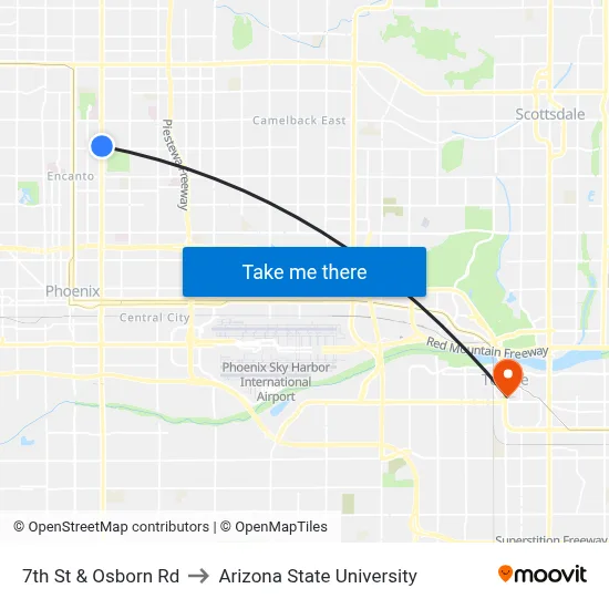 7th St & Osborn Rd to Arizona State University map