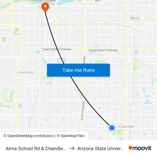 Alma School Rd & Chandler Bl to Arizona State University map