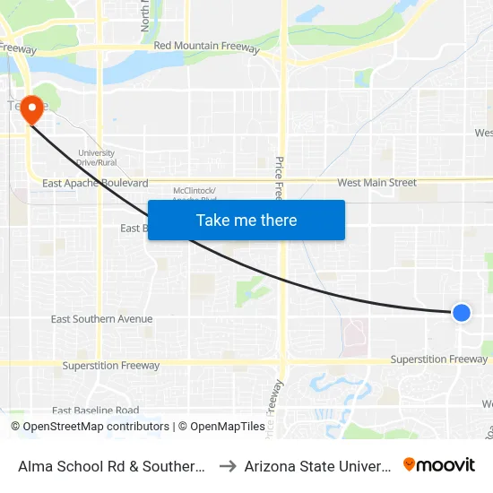 Alma School Rd & Southern Av to Arizona State University map
