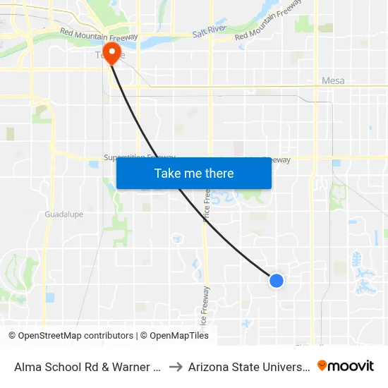Alma School Rd & Warner Rd to Arizona State University map