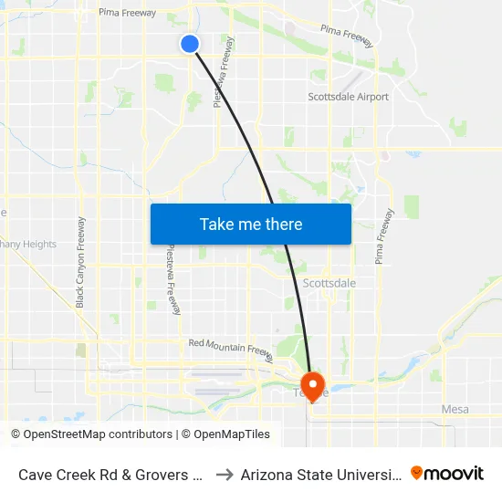 Cave Creek Rd & Grovers Av to Arizona State University map