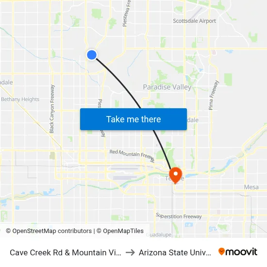 Cave Creek Rd & Mountain View Rd to Arizona State University map