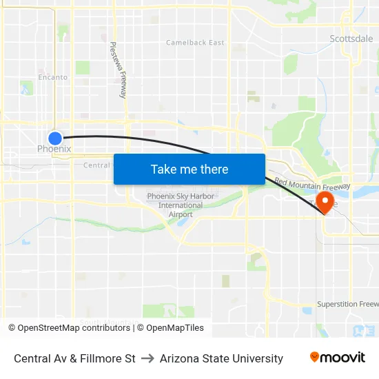 Central Av & Fillmore St to Arizona State University map