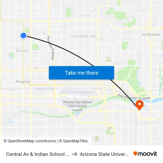Central Av & Indian School Rd to Arizona State University map