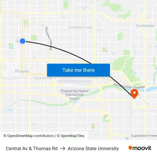 Central Av & Thomas Rd to Arizona State University map