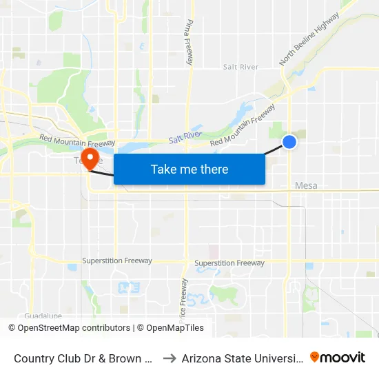 Country Club Dr & Brown Rd to Arizona State University map