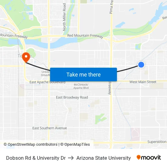 Dobson Rd & University Dr to Arizona State University map