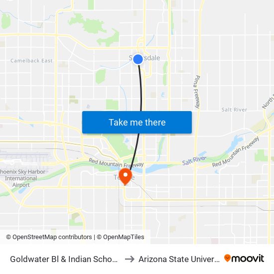 Goldwater Bl & Indian School Rd to Arizona State University map