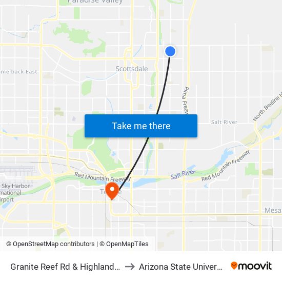 Granite Reef Rd & Highland Av to Arizona State University map