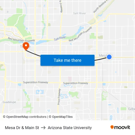 Mesa Dr & Main St to Arizona State University map