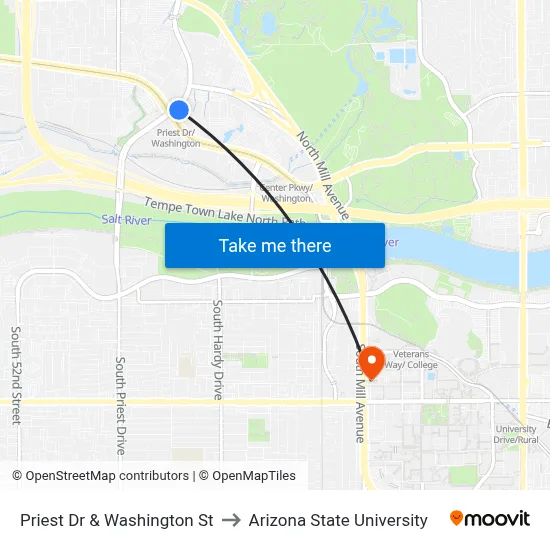 Priest Dr & Washington St to Arizona State University map