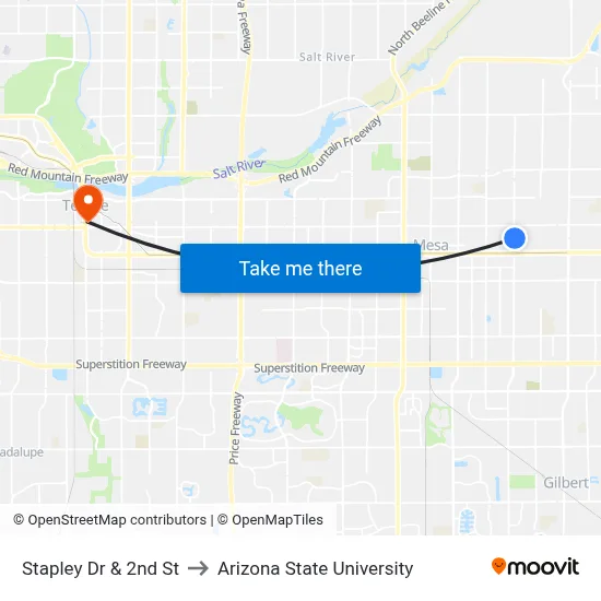 Stapley Dr & 2nd St to Arizona State University map