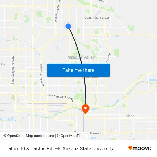 Tatum Bl & Cactus Rd to Arizona State University map
