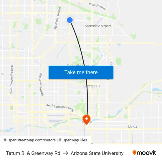 Tatum Bl & Greenway Rd to Arizona State University map