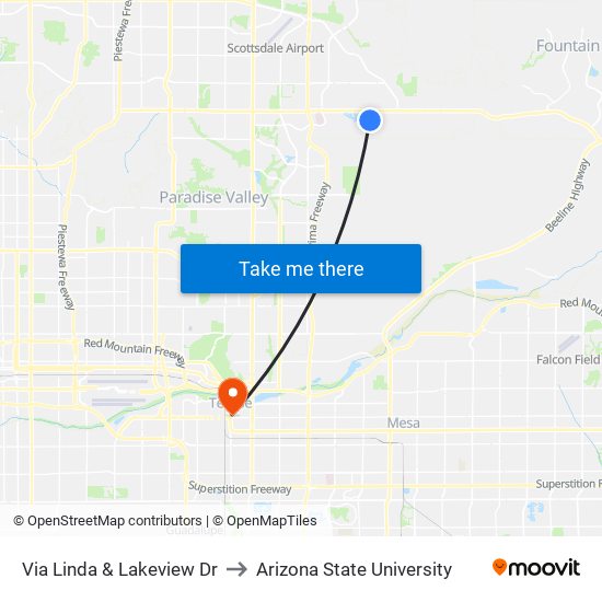 Via Linda & Lakeview Dr to Arizona State University map