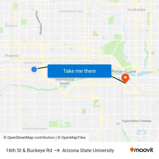 16th St & Buckeye Rd to Arizona State University map