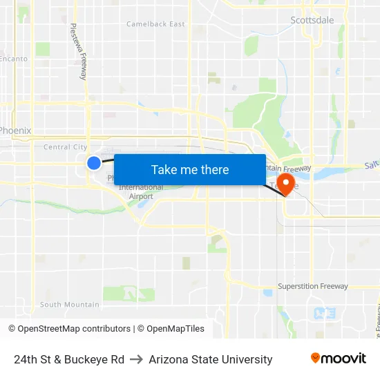 24th St & Buckeye Rd to Arizona State University map