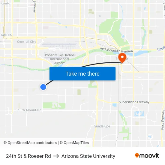 24th St & Roeser Rd to Arizona State University map