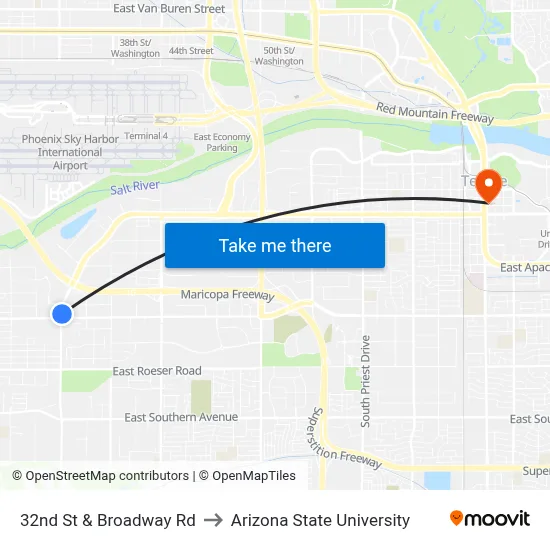 32nd St & Broadway Rd to Arizona State University map