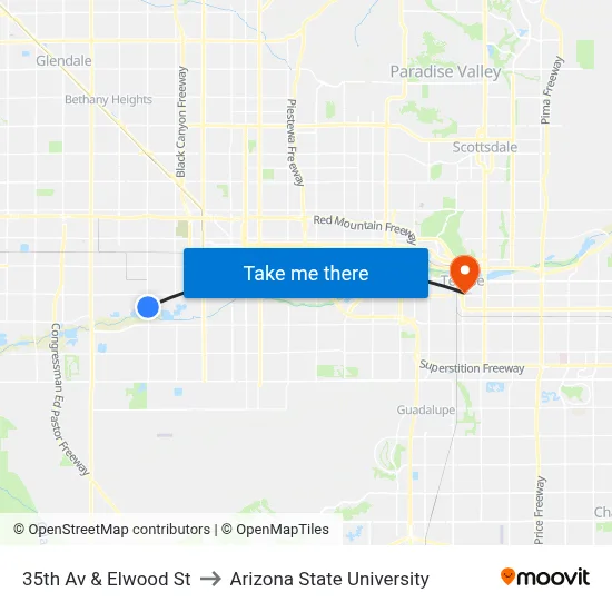 35th Av & Elwood St to Arizona State University map