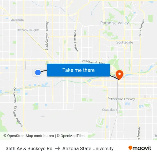 35th Av & Buckeye Rd to Arizona State University map