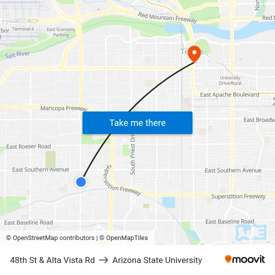 48th St & Alta Vista Rd to Arizona State University map