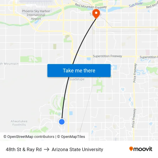 48th St & Ray Rd to Arizona State University map