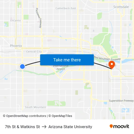 7th St & Watkins St to Arizona State University map