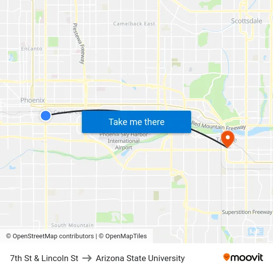 7th St & Lincoln St to Arizona State University map