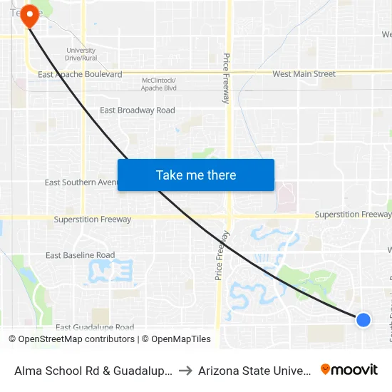 Alma School Rd & Guadalupe Rd to Arizona State University map