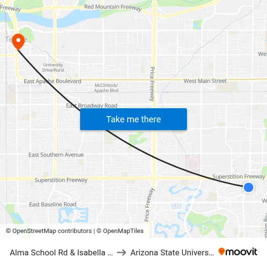 Alma School Rd & Isabella Av to Arizona State University map