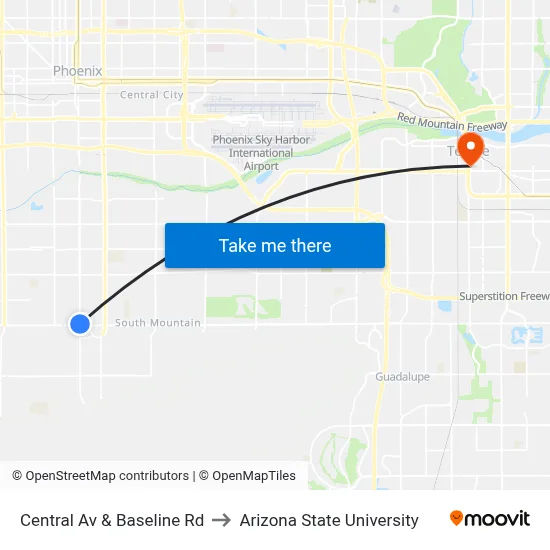 Central Av & Baseline Rd to Arizona State University map