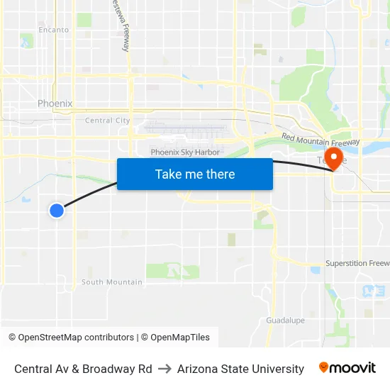 Central Av & Broadway Rd to Arizona State University map
