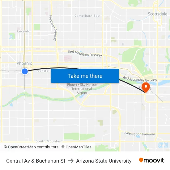 Central Av & Buchanan St to Arizona State University map