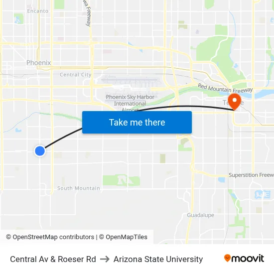 Central Av & Roeser Rd to Arizona State University map
