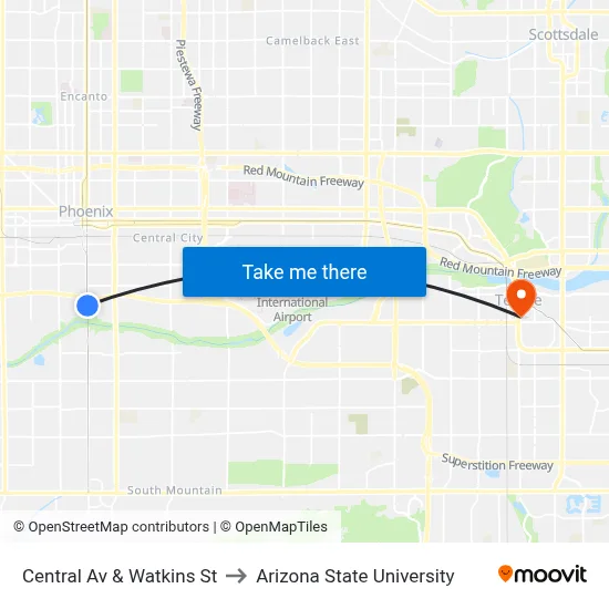 Central Av & Watkins St to Arizona State University map