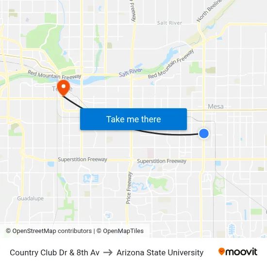 Country Club Dr & 8th Av to Arizona State University map