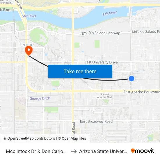 Mcclintock Dr & Don Carlos Av to Arizona State University map