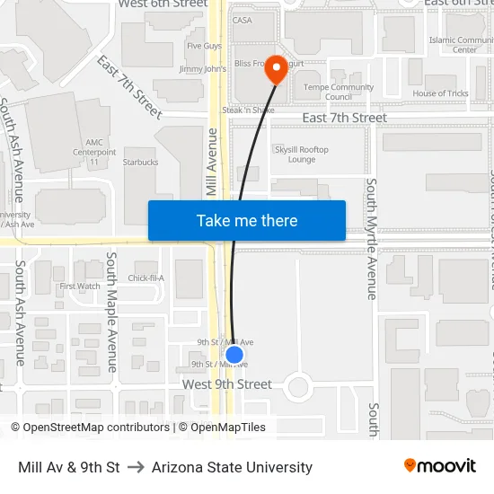 Mill Av & 9th St to Arizona State University map