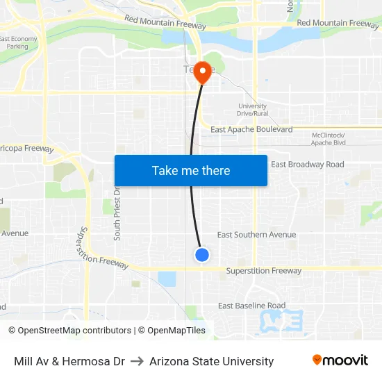 Mill Av & Hermosa Dr to Arizona State University map