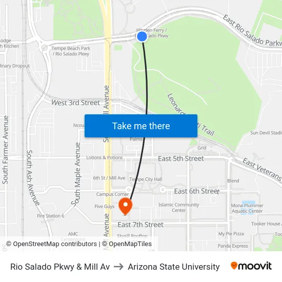Rio Salado Pkwy & Mill Av to Arizona State University map