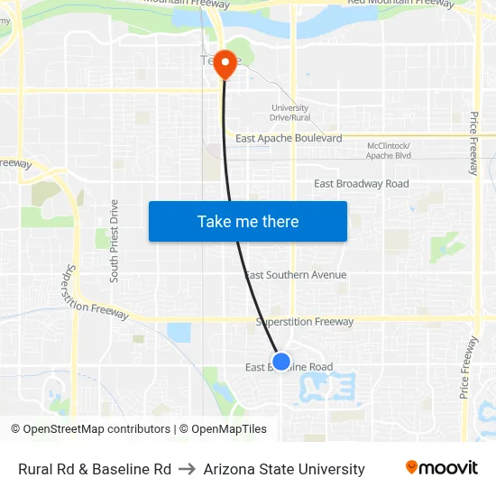 Rural Rd & Baseline Rd to Arizona State University map