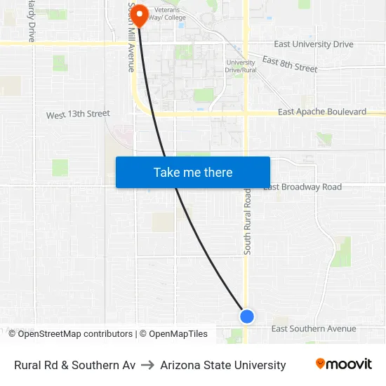 Rural Rd & Southern Av to Arizona State University map