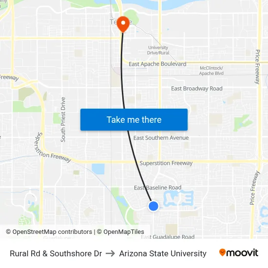 Rural Rd & Southshore Dr to Arizona State University map