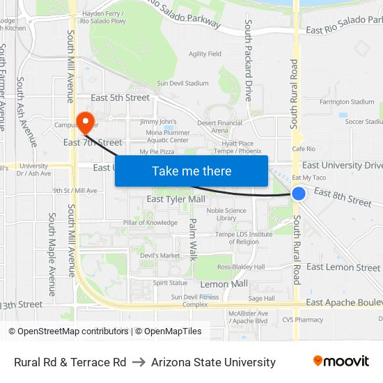 Rural Rd & Terrace Rd to Arizona State University map