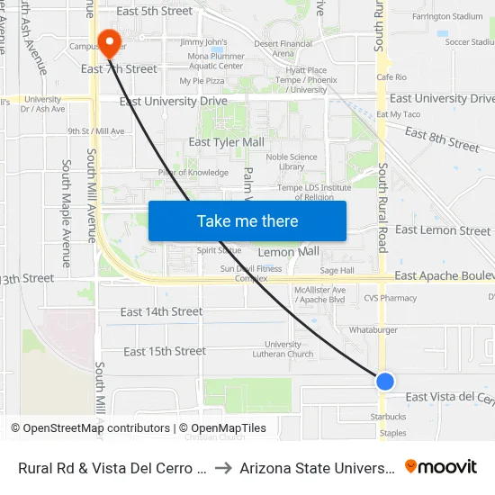 Rural Rd & Vista Del Cerro Dr to Arizona State University map