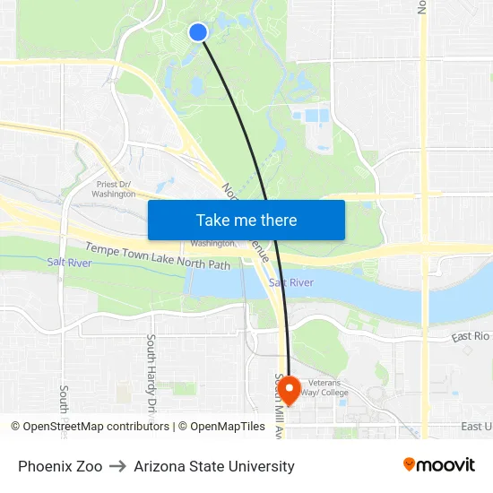 Phoenix Zoo to Arizona State University map